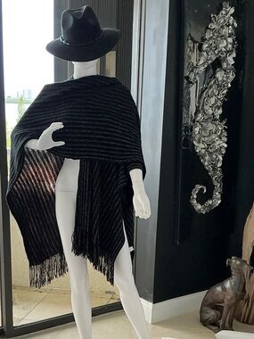Black Fringe Knit Poncho with Subtle Metallic Stripe